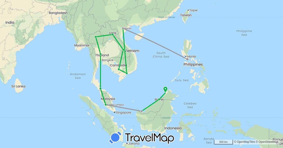 TravelMap itinerary: driving, bus, plane in Brunei, Cambodia, Laos, Malaysia, Philippines, Thailand, Vietnam (Asia)