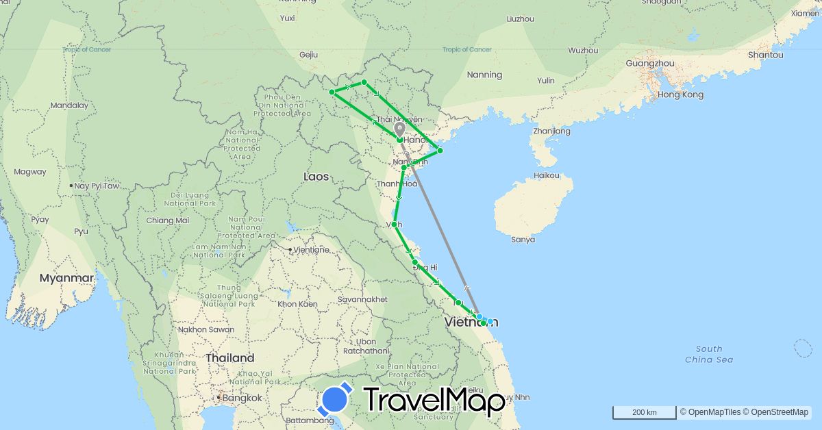 TravelMap itinerary: driving, bus, plane, boat in Vietnam (Asia)