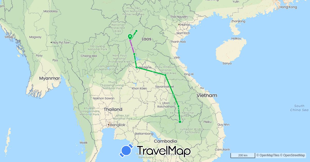 TravelMap itinerary: driving, bus, train in Laos (Asia)